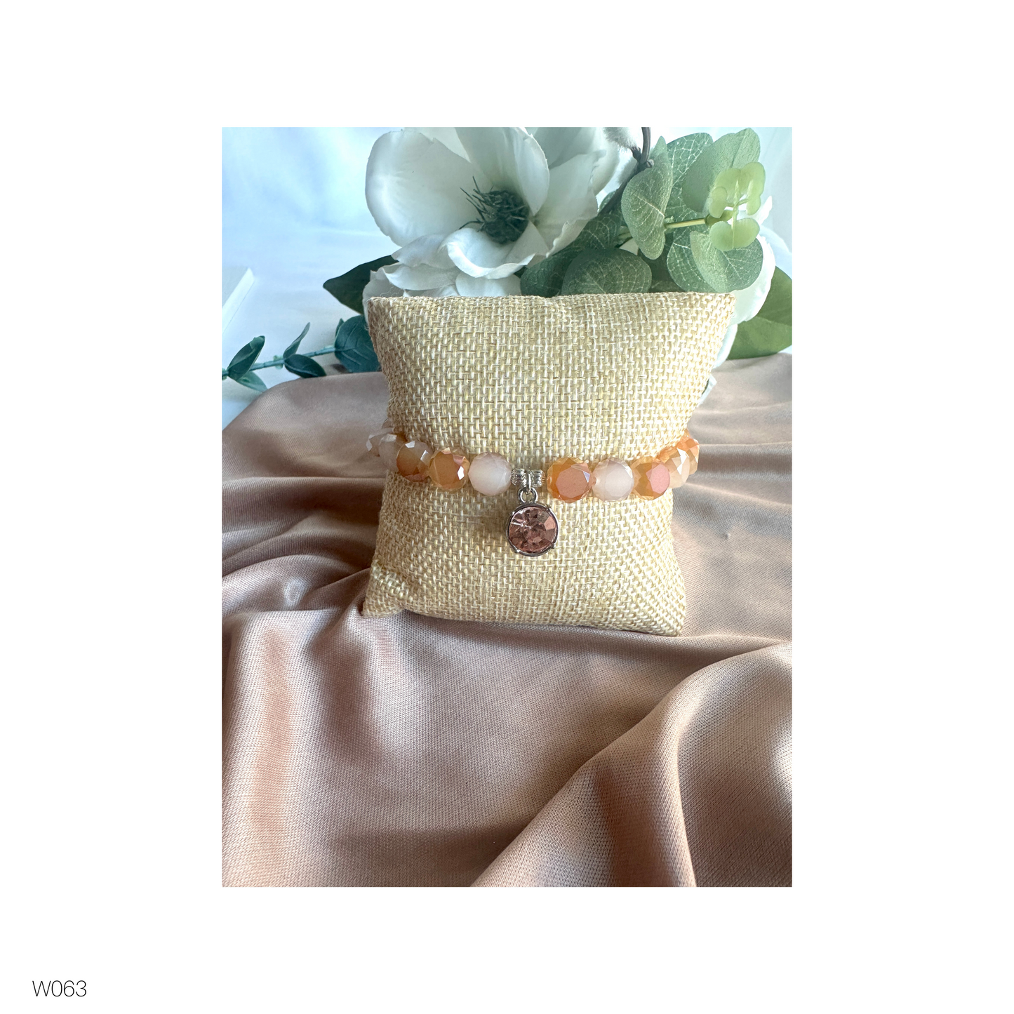 Alabaster Stretch Bracelet | Faceted Beads with Crystal Focal Accent