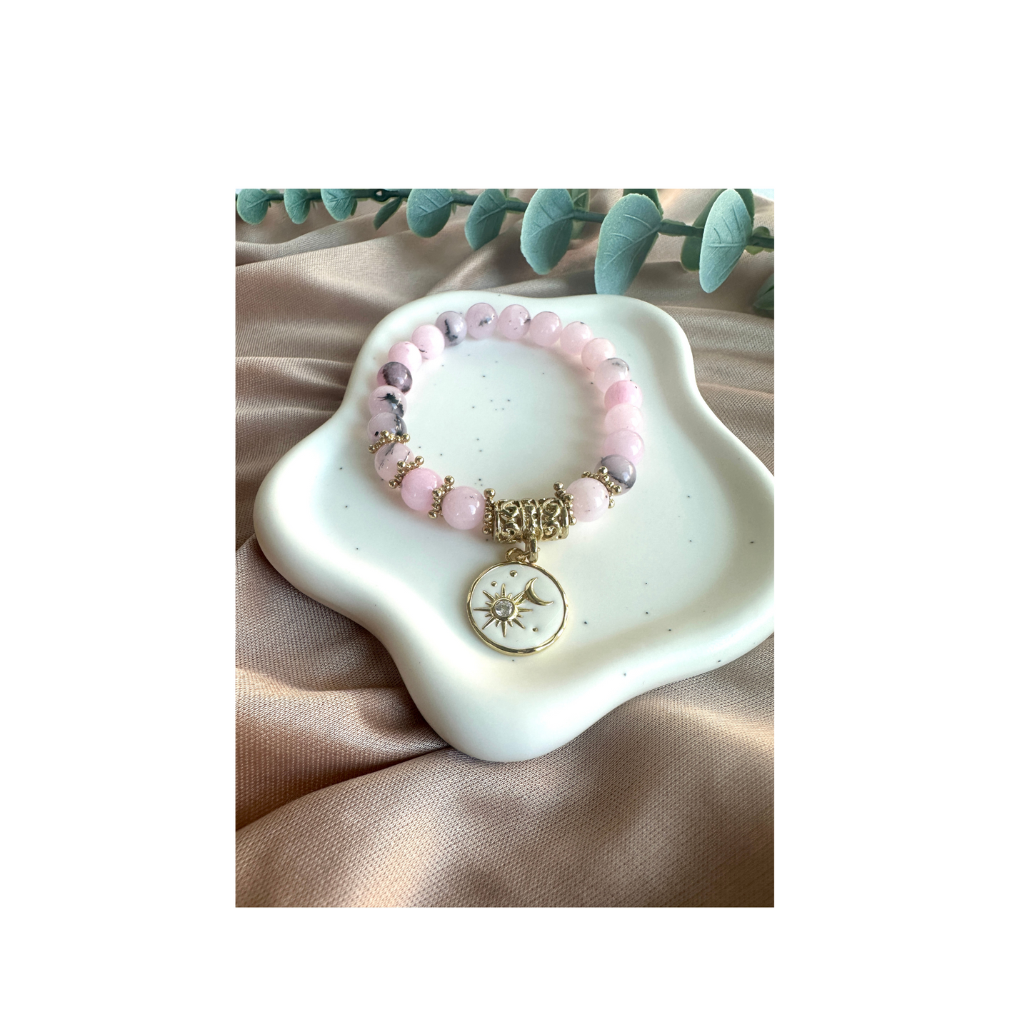 Pink Opal Celestial Bracelet with 14k Gold Filled Sun & Moon Charm