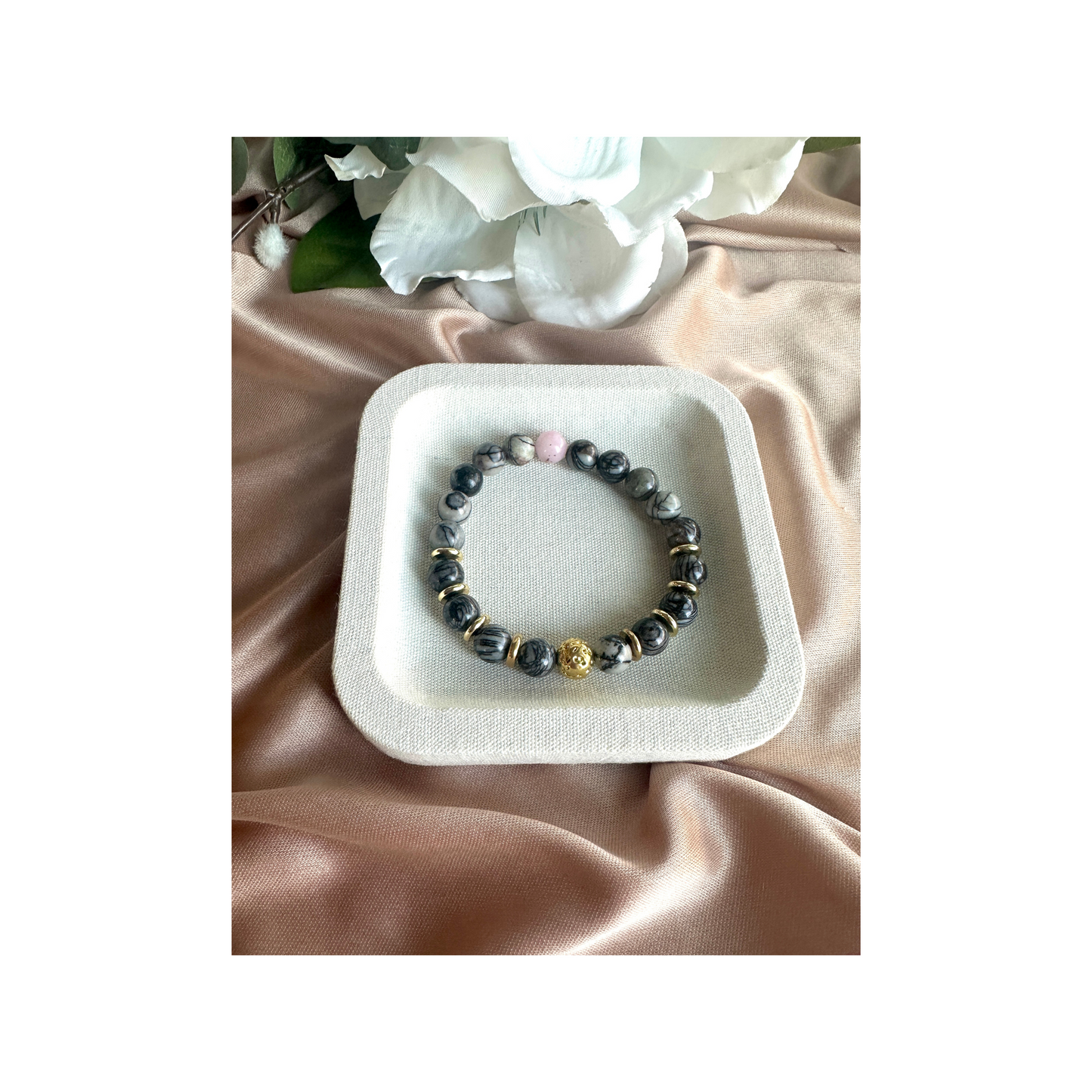 Zebra Jasper & Pink Opal Stretch Bracelet with Gold Hematite Focal