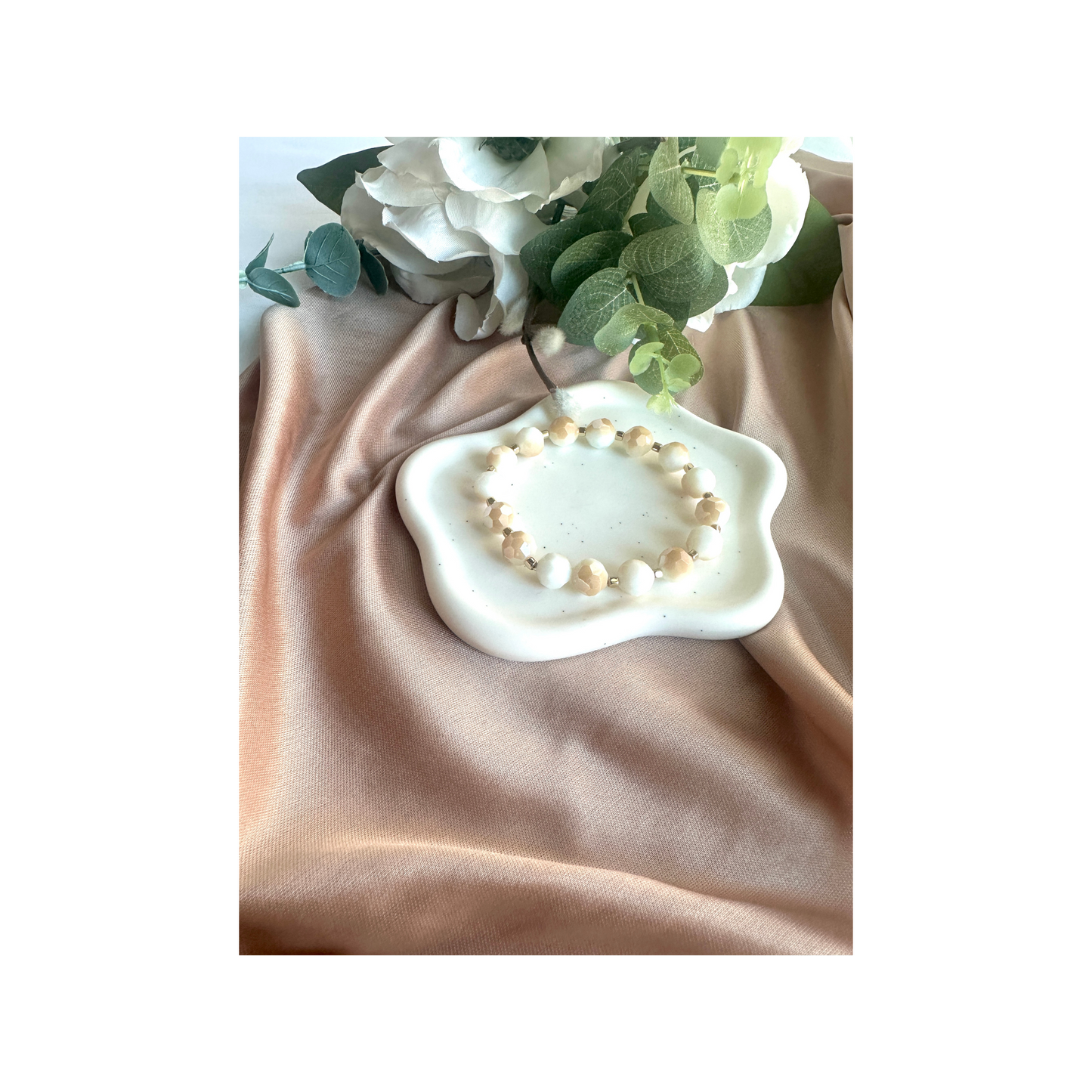 Handmade Alabaster Stretch Beaded Bracelet | Faceted Beads with Hematite Spacer Accents