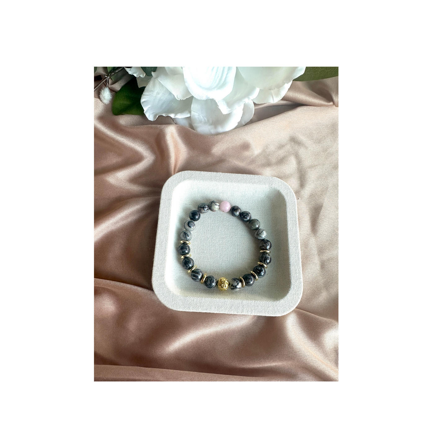 Zebra Jasper & Pink Opal Stretch Bracelet with Gold Hematite Focal