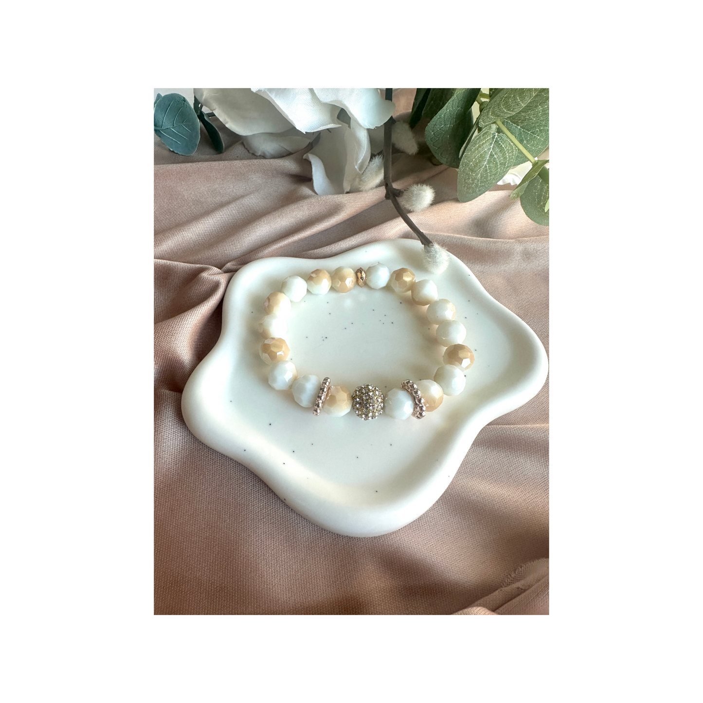 Faceted Alabaster Stretch Bracelet | Rhinestone Focal