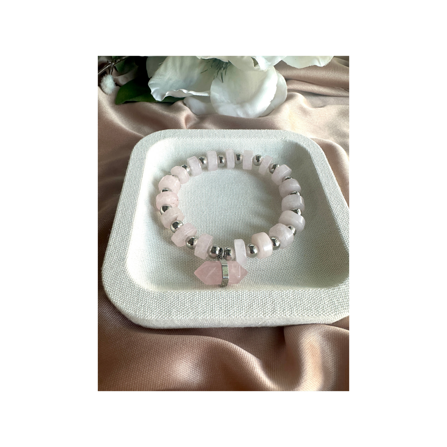 Rose Quartz Beaded Stretch Bracelet With Pendulum Charm