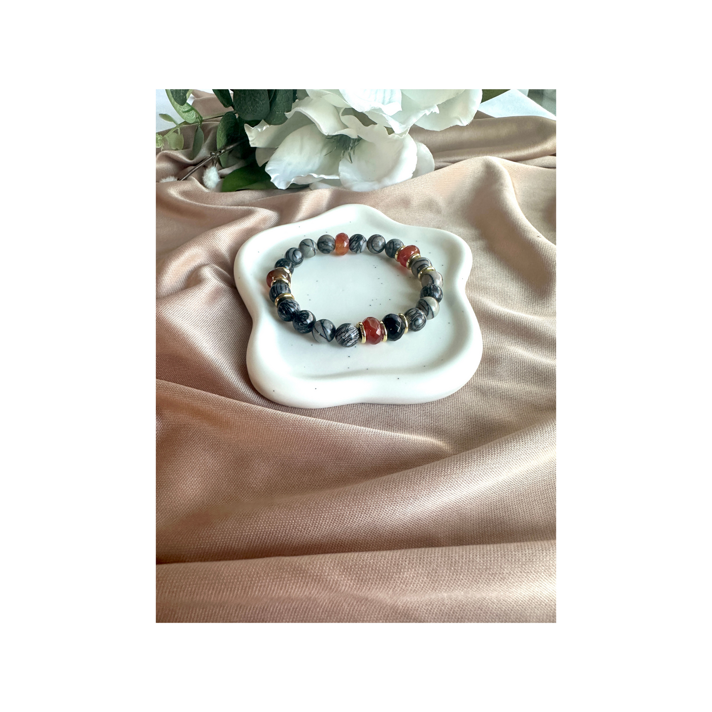 Beaded Stretch Agate and Zebra Jasper Bracelet