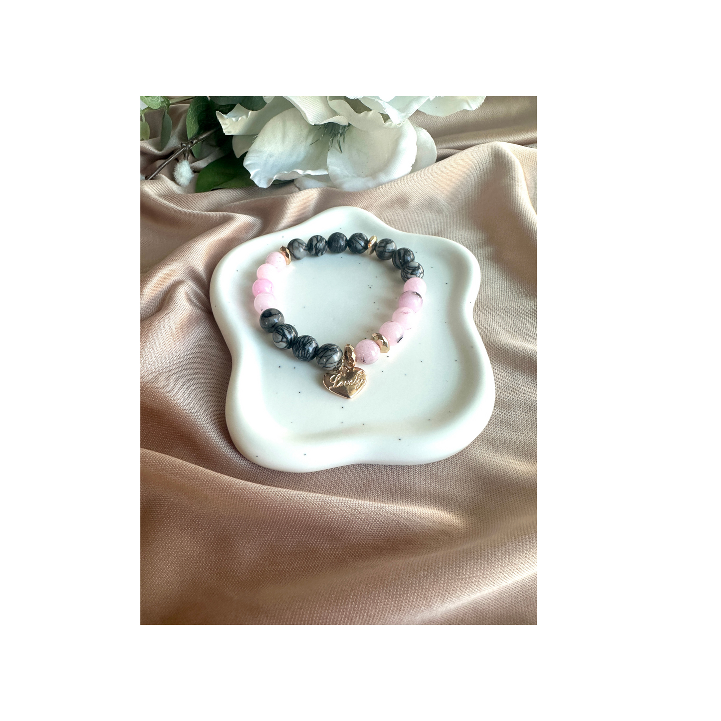 Natural Stone Bracelet with Pink Opal and Zebra Jasper With