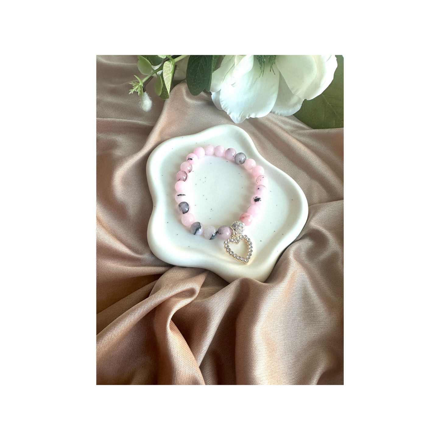 Pink Opal Beaded Stretch Bracelet With Rhinestone Accents