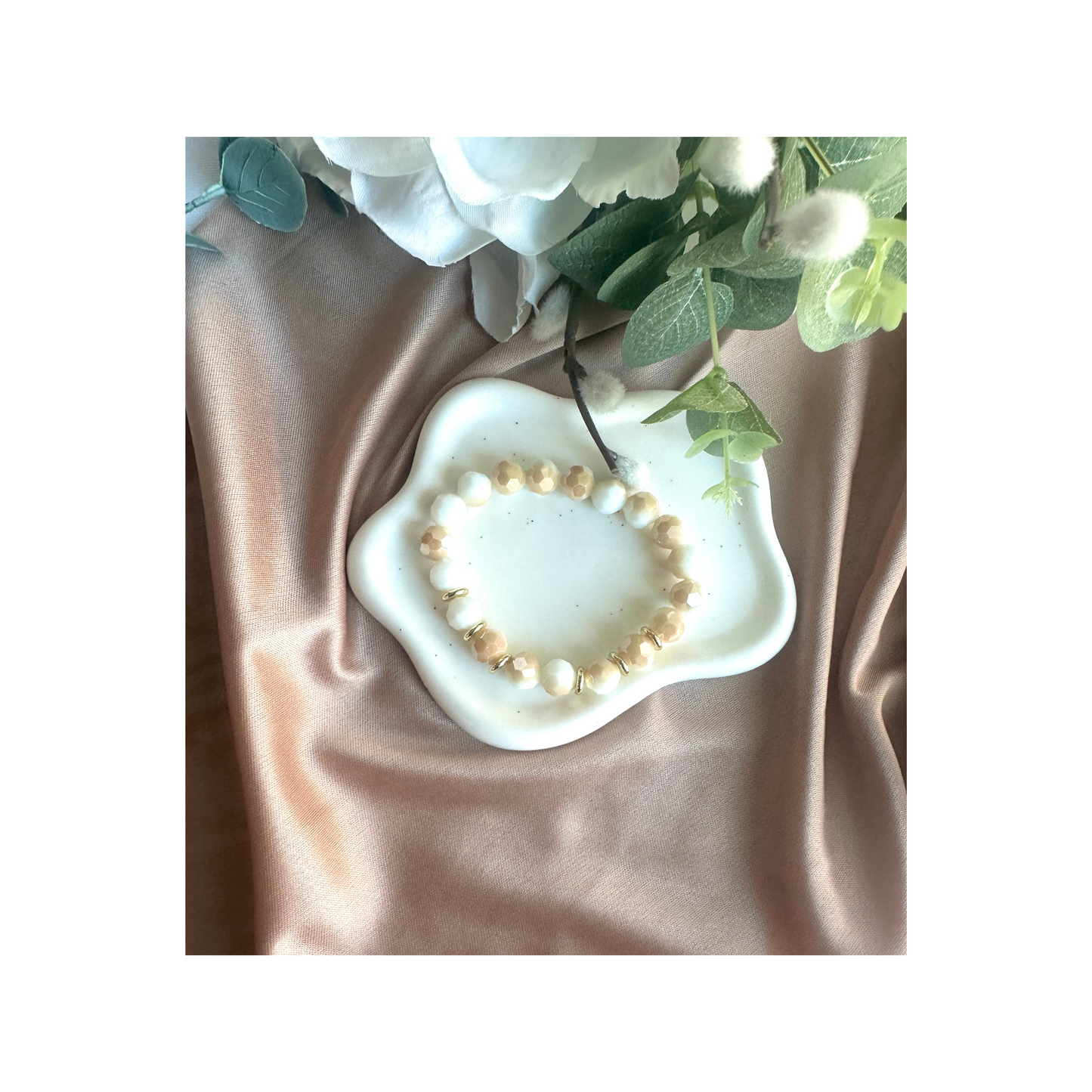 Handmade Alabaster Stretch Beaded Bracelet | Faceted Beads with Hematite Spacer Accents