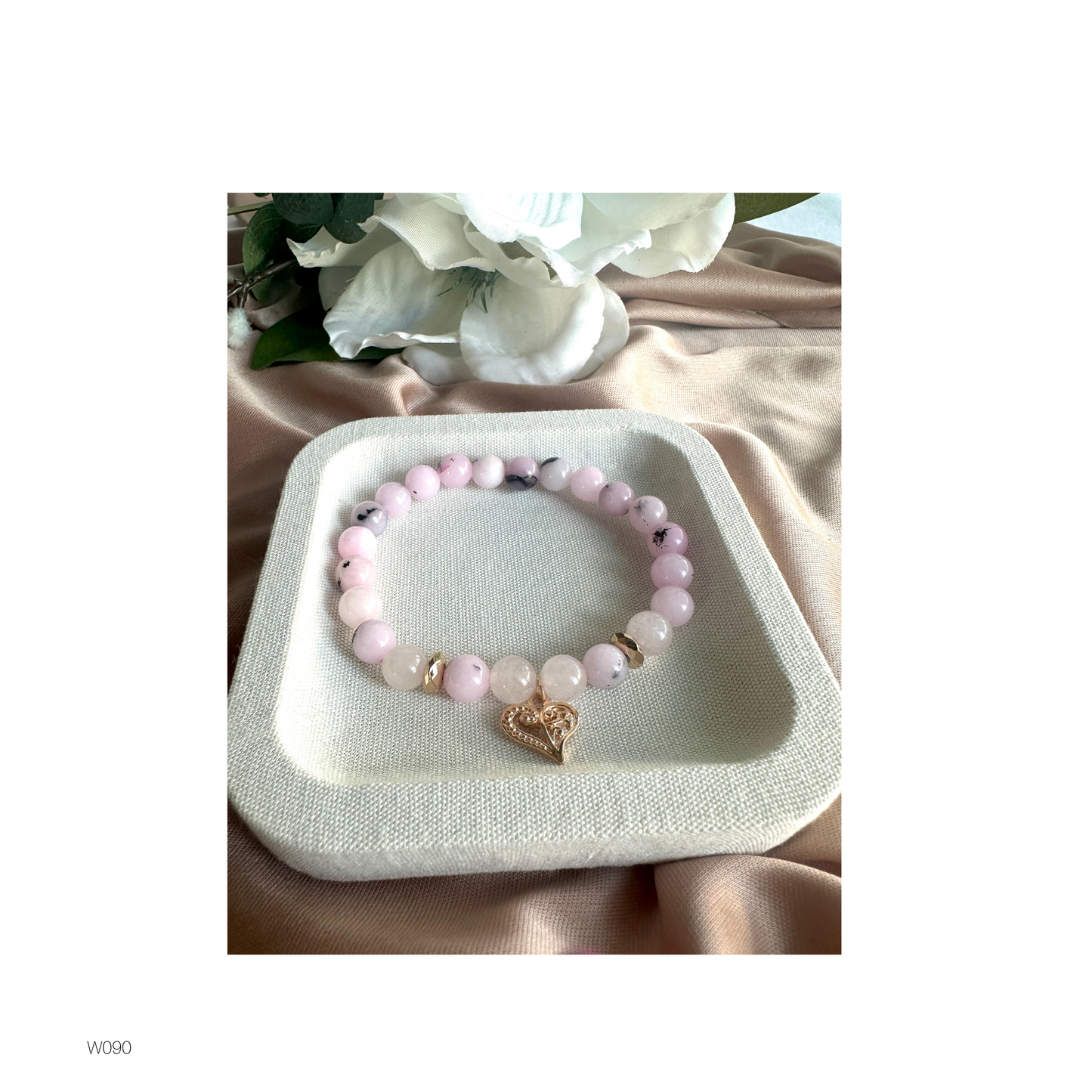 Pink Opal Beaded Stretch Bracelet with Hematite Spacers and Detailed gold Finish Charm