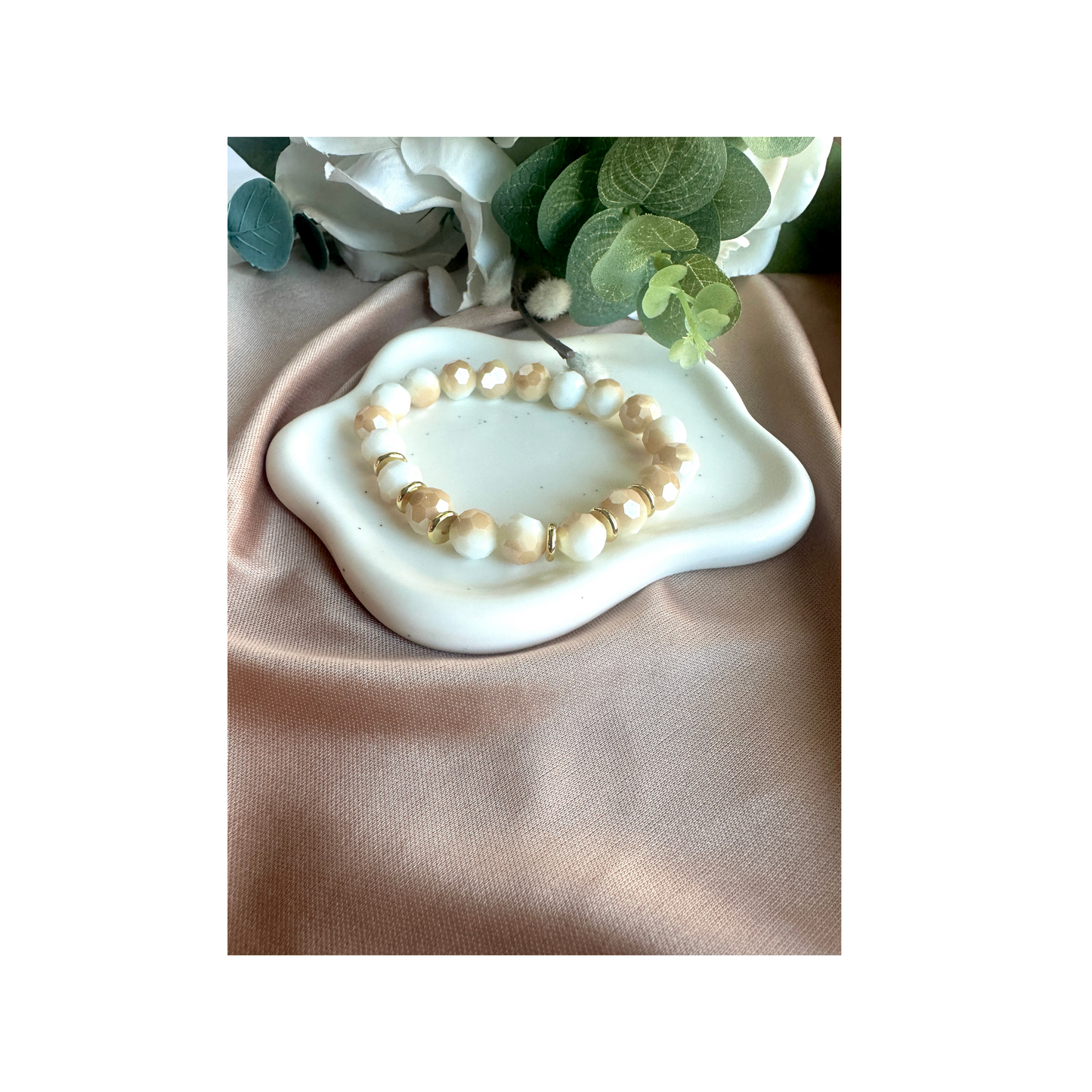 Alabaster & Hematite Stretch Bracelet | Faceted Beads for Calm & Balance