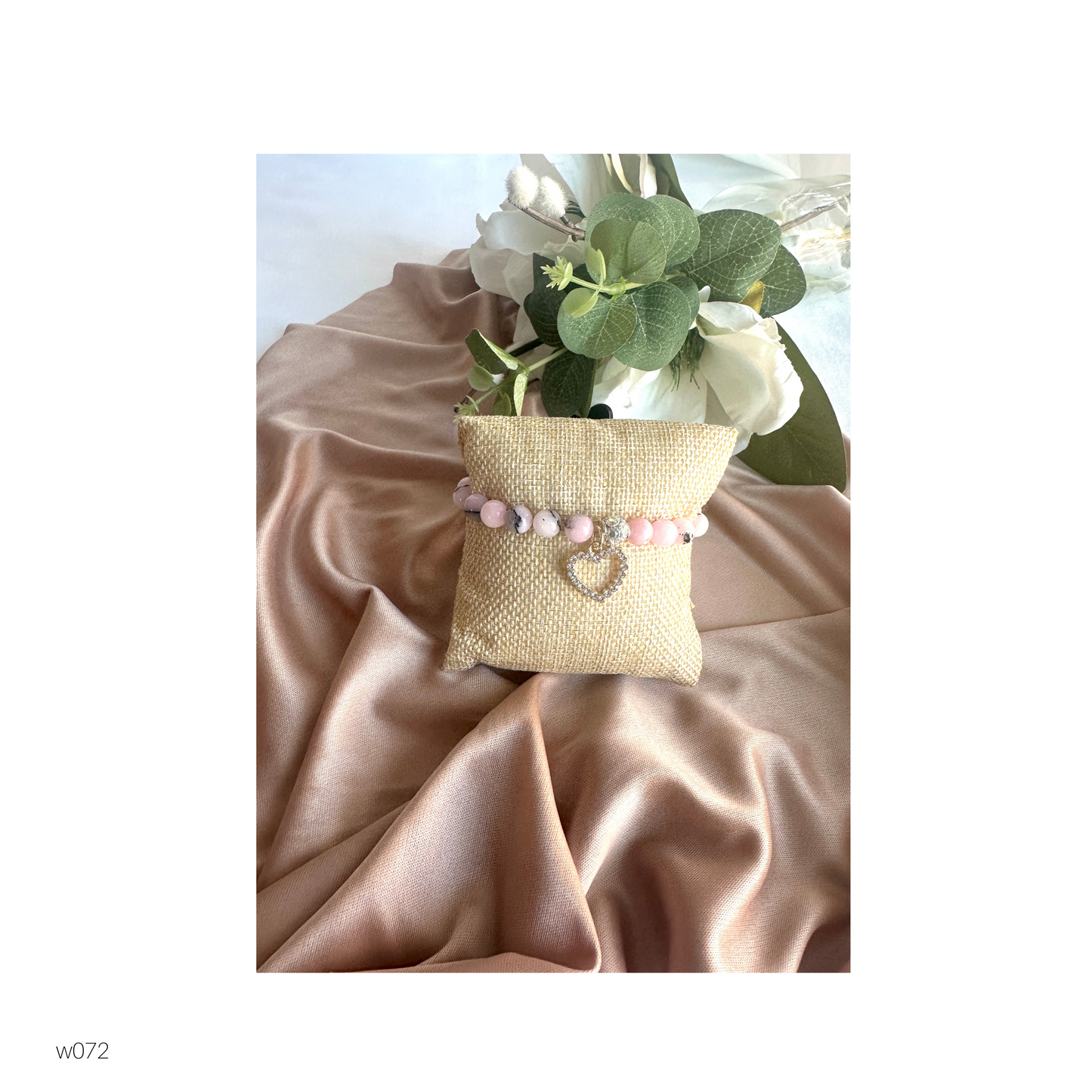 Pink Opal Beaded Stretch Bracelet With Rhinestone Accents