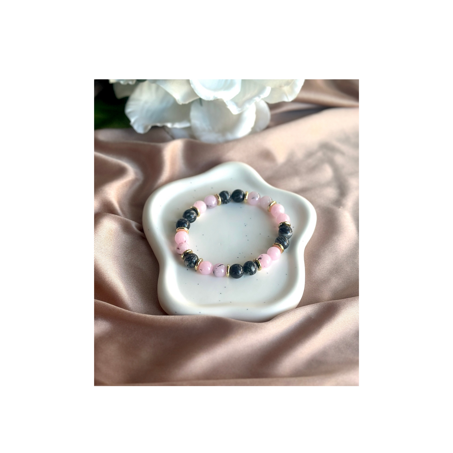 Zebra Jasper and Pink Opal Beaded Stretch Bracelet with Hematite Spacer