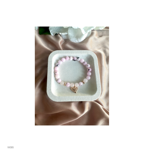 Pink Opal Beaded Stretch Bracelet with Hematite Spacers and Detailed gold Finish Charm