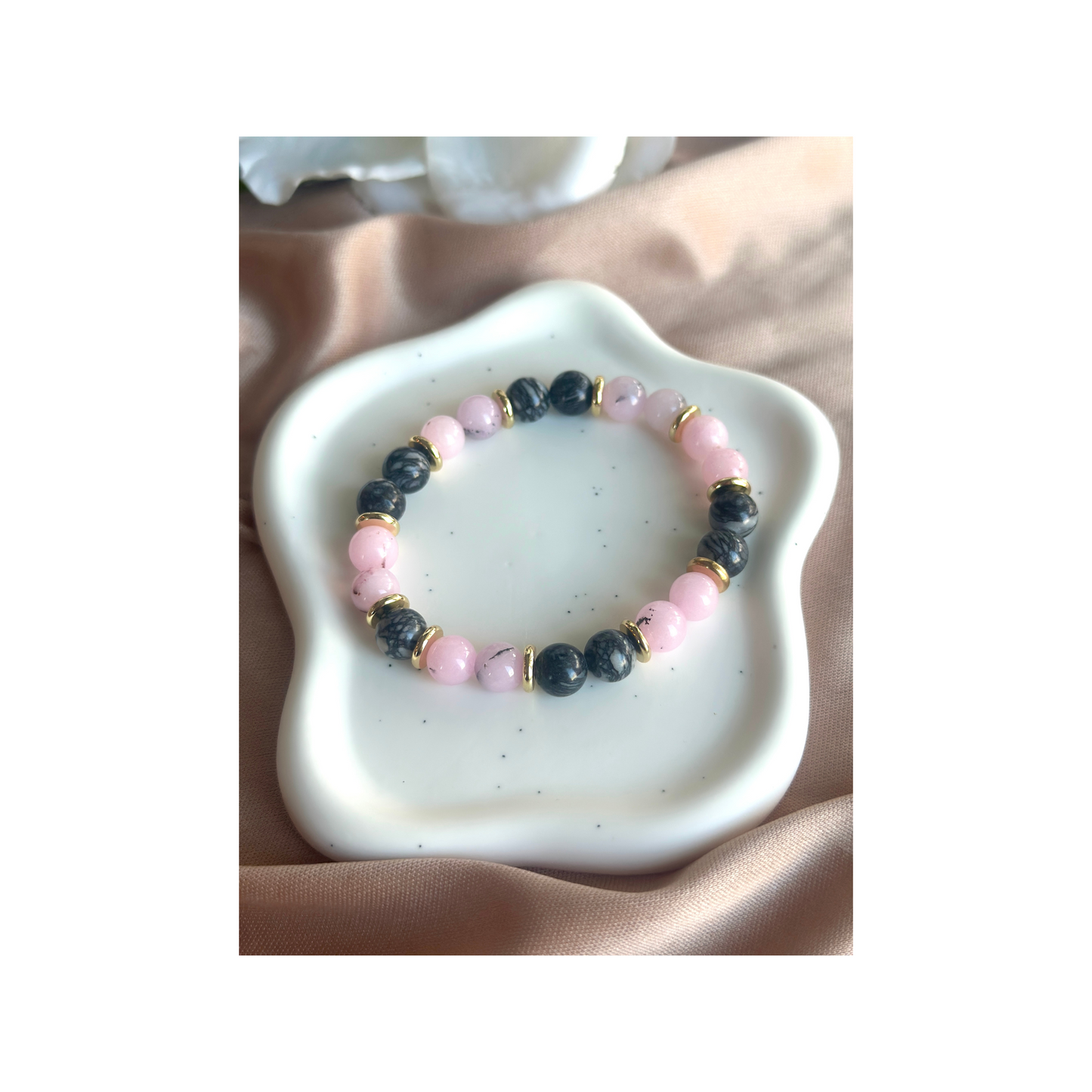 Zebra Jasper and Pink Opal Beaded Stretch Bracelet with Hematite Spacer
