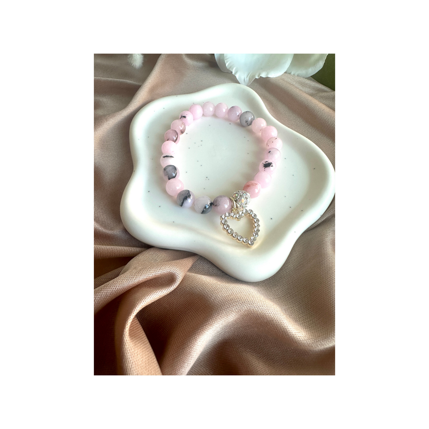 Pink Opal Beaded Stretch Bracelet With Rhinestone Accents