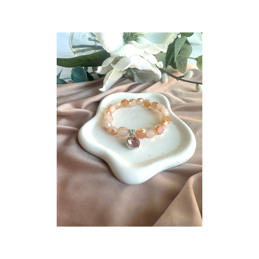 Alabaster Stretch Bracelet | Faceted Beads with Crystal Focal Accent