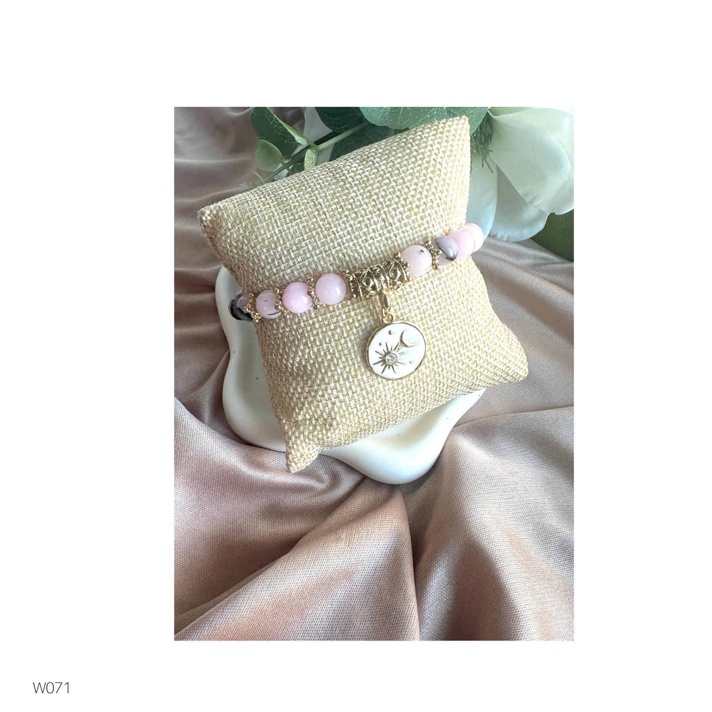 Pink Opal Celestial Bracelet with 14k Gold Filled Sun & Moon Charm