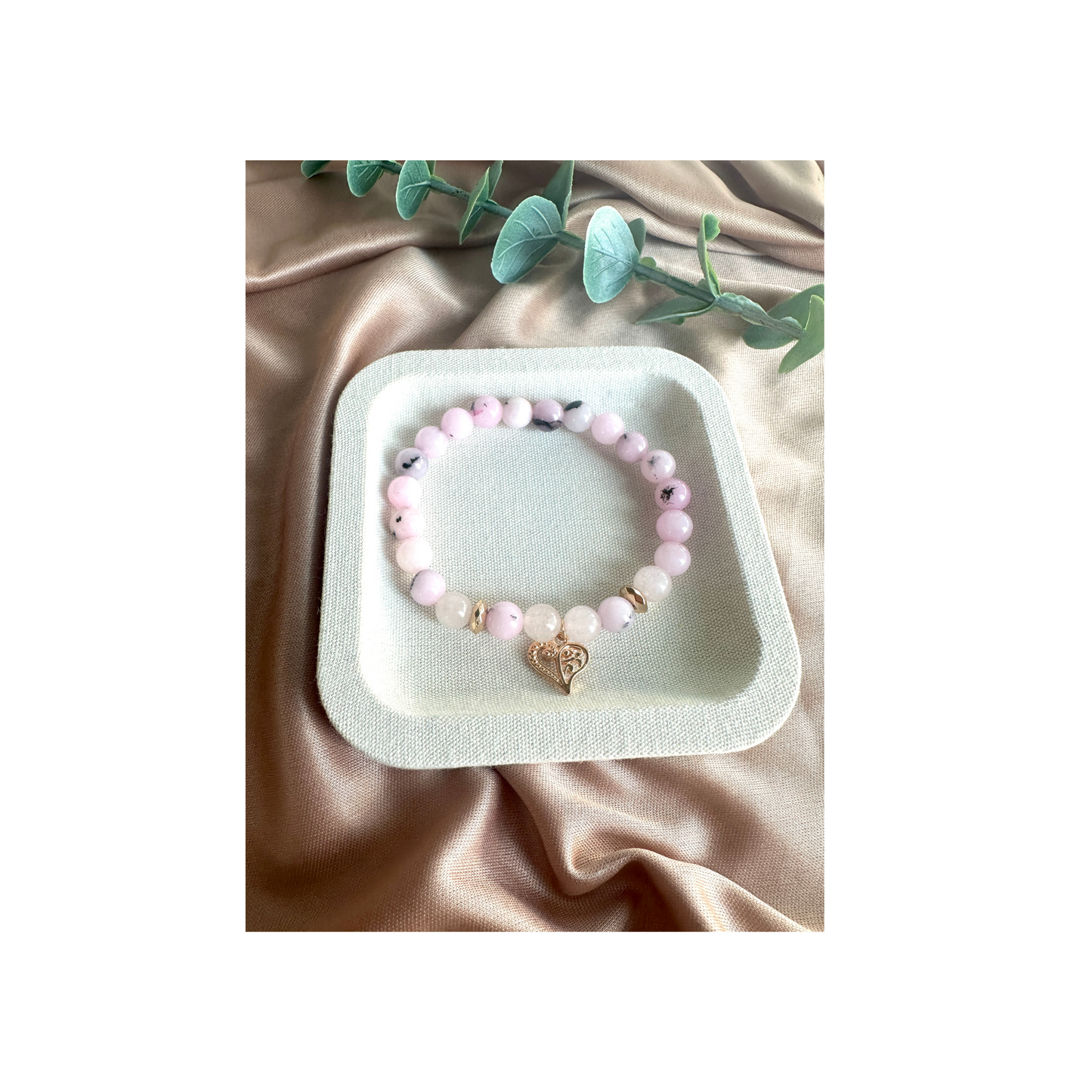 Pink Opal Beaded Stretch Bracelet with Hematite Spacers and Detailed gold Finish Charm