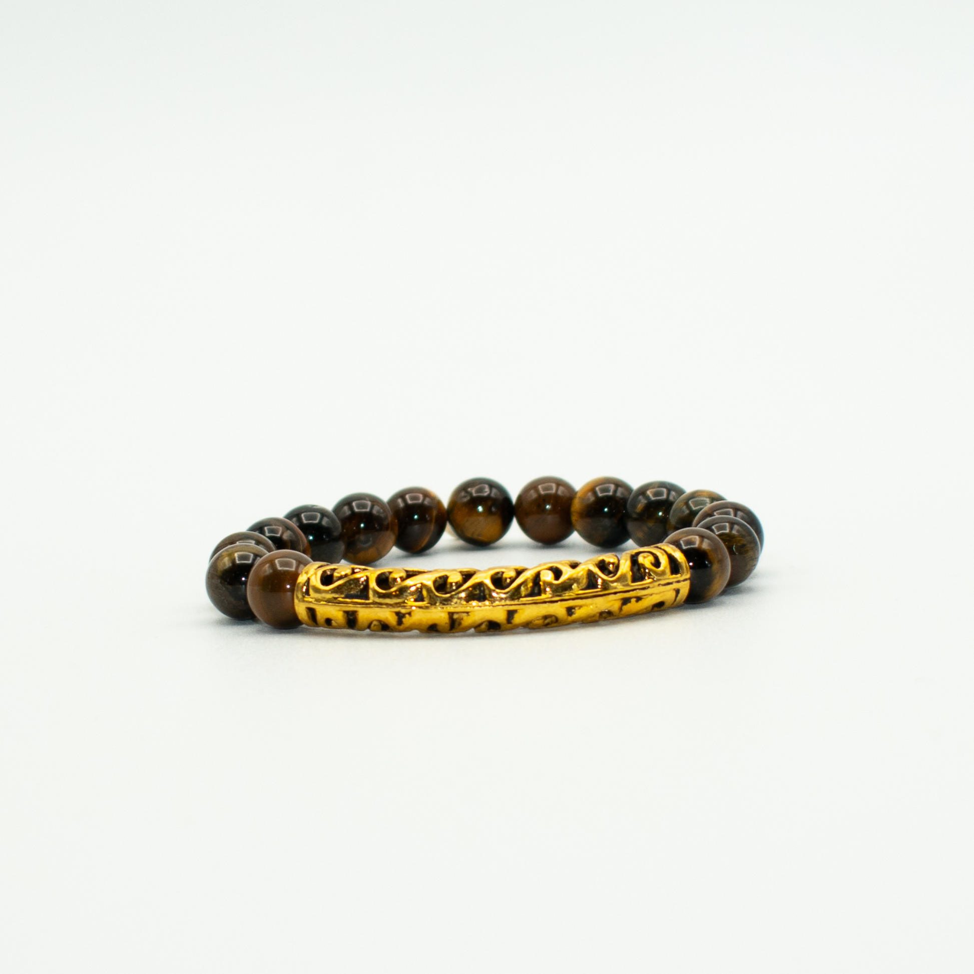 RODUCT DETAILS  10mm Tiger Eye Beads with Gold Finish Focal Stretch&nbsp; 7.5 Inches 1.1 oz Handmade in USA We use premium durable materials and stones in our jewelry. All pieces may vary slightly in color, shape, and size. Please measure your wrist before you make your purchase for an accurate fit. Please leave a message if you need a different size.  You will receive a free: Storage box or bag and cleaning cloth with your order.