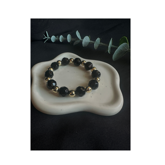 10mm Black and Gold Glass Faceted Beaded Bracelet